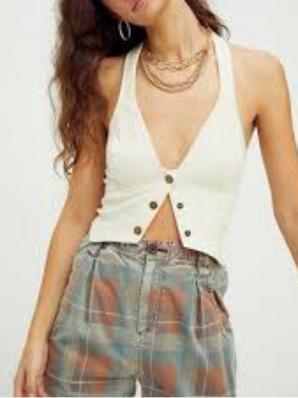 Free People Cream Snap-Front Halter Crop Top